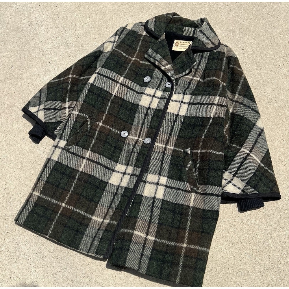Rare Vintage Bemidji Woolen Mills Green Wool Plaid Pea Coat Jacket